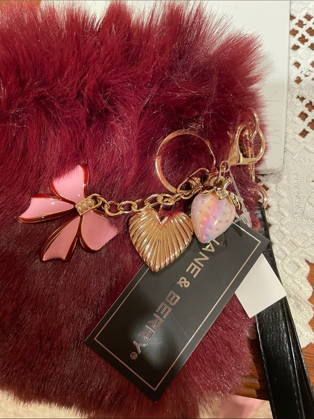 Jane & Berry Burgundy Faux Fur wristlet Bag with Pink Bow Charm - Picture 4 of 4